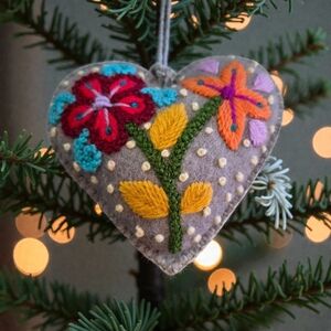 Embroidered Heart Ornament - Gray with Vibrant Floral Design